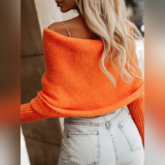 Twisted Knit Wrap Crop Top Bardot Off-shoulder Ribbed Long Sleeve Sweater Shirt - Picture 2 of 8